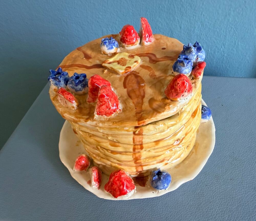 Ceramic Pancake Stack Sculpture Berries Syrup Handmade Food Art Decor